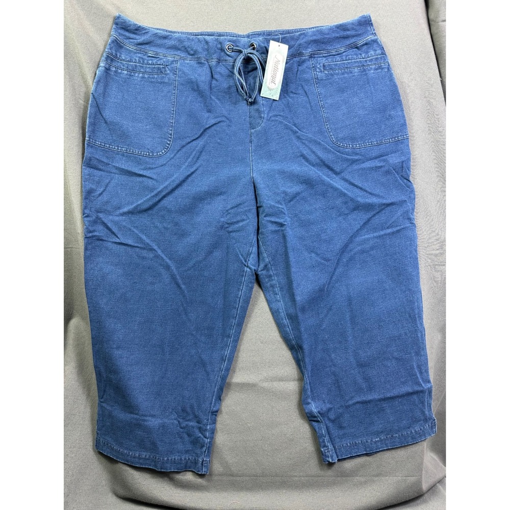 National Women 24W Knit Denim Capri Pants Blue Drawstring Crop 23708 NEW